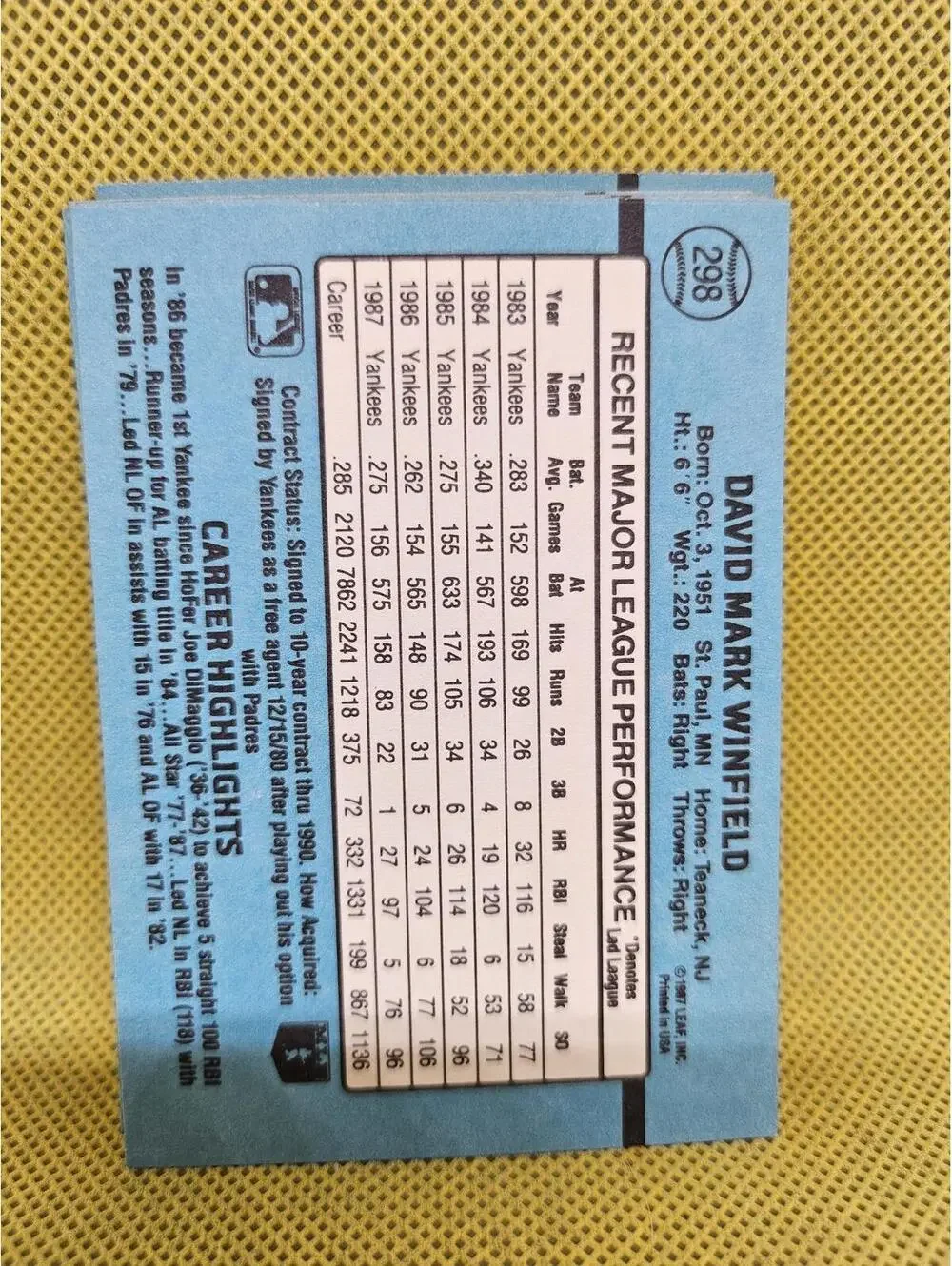 Dave Winfield - HOF - 1988 Donruss #298 - Yankees - RAW Mint